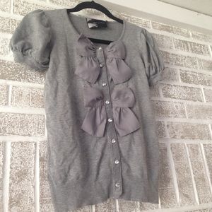Bow Front Button Down Short Sleeve Cardigan: Gray